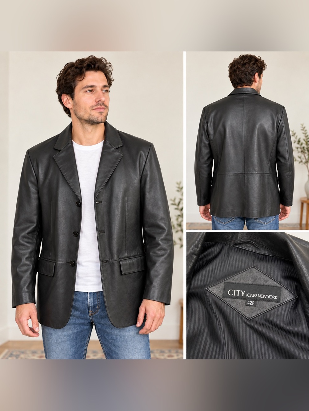 City Clothing Men's Black Leather Blazer Size 42R